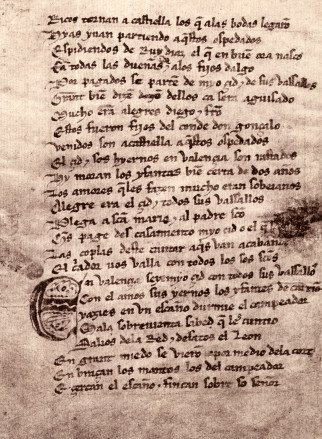 Medieval manuscript folio of the Cantar de mio Cid, written in a single column of Gothic script with a decorated initial