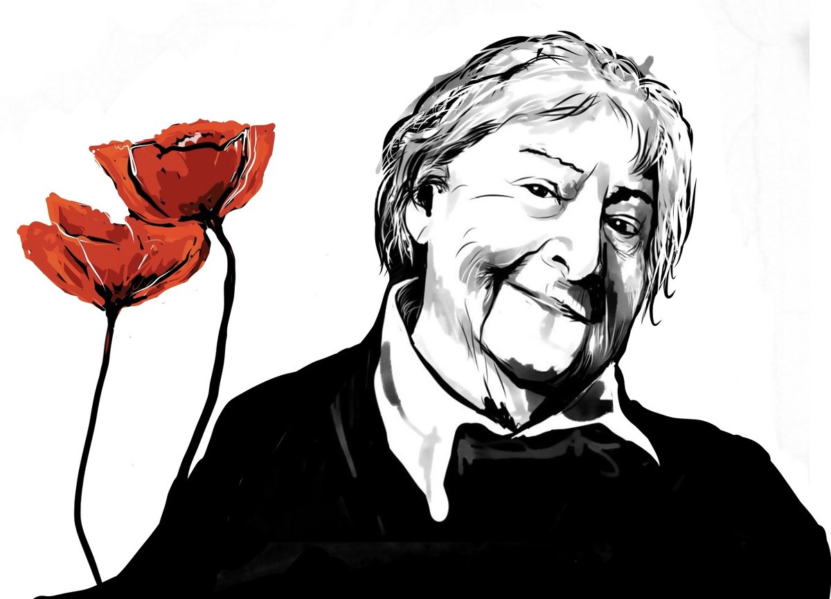 Black and white illustration of Gloria Fuertes in old age, smiling sideways, beside two red poppies